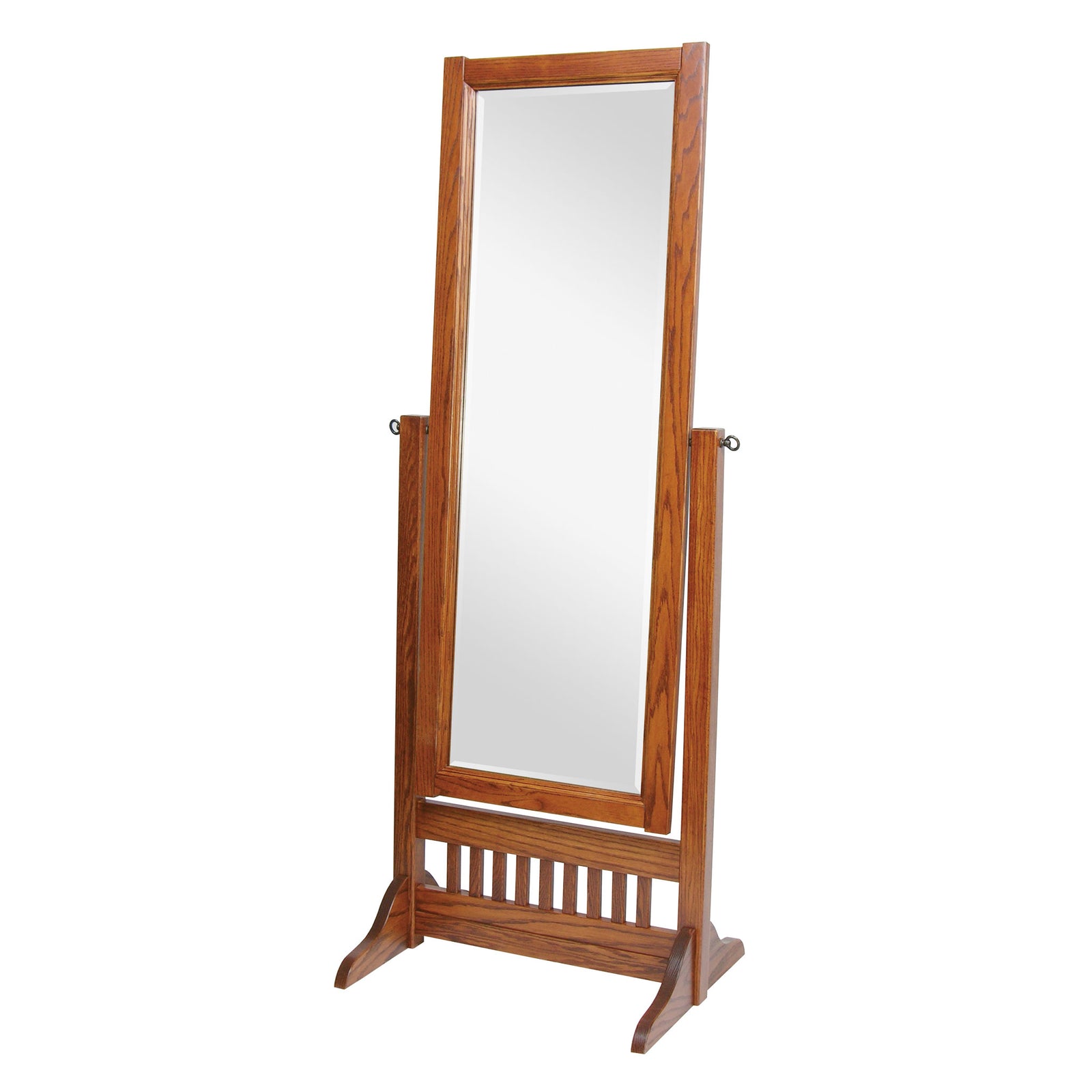 Mission cheval floor mirror in a whitewashed weathered finish with slatted lower rail and curved trestle feet
