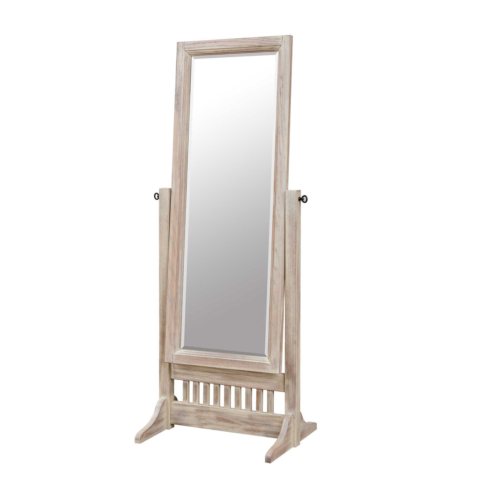Mission cheval floor mirror in a whitewashed weathered finish with slatted lower rail and curved trestle feet