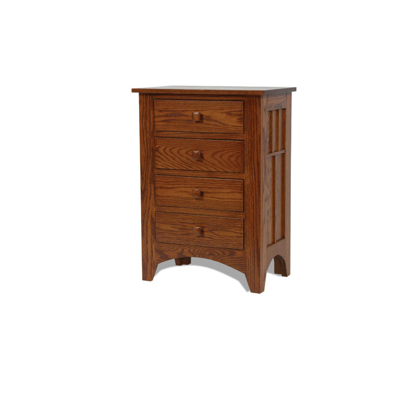 Mission style four-drawer bedside chest in oak with slatted side panels, square wood knobs and arched base