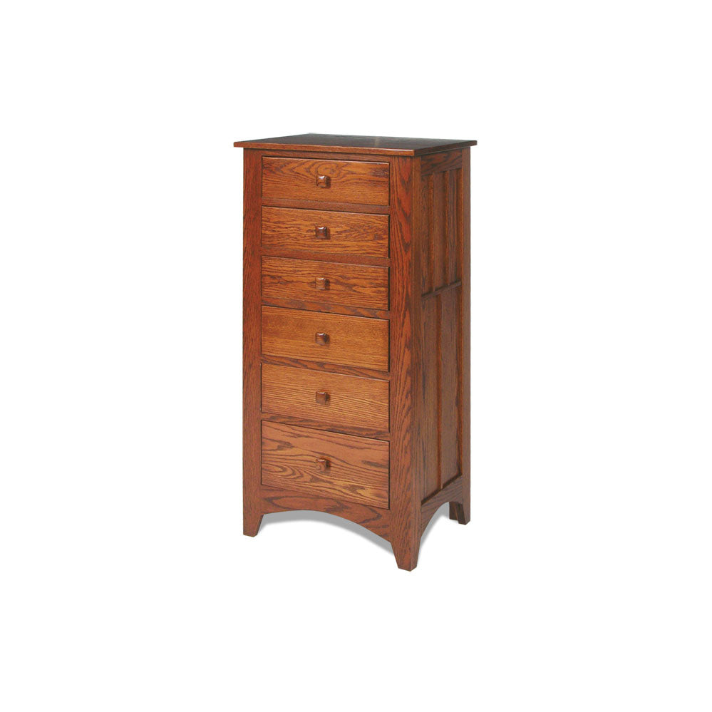 Mission oak lingerie chest with six narrow drawers, square wood knobs, paneled sides and an arched base