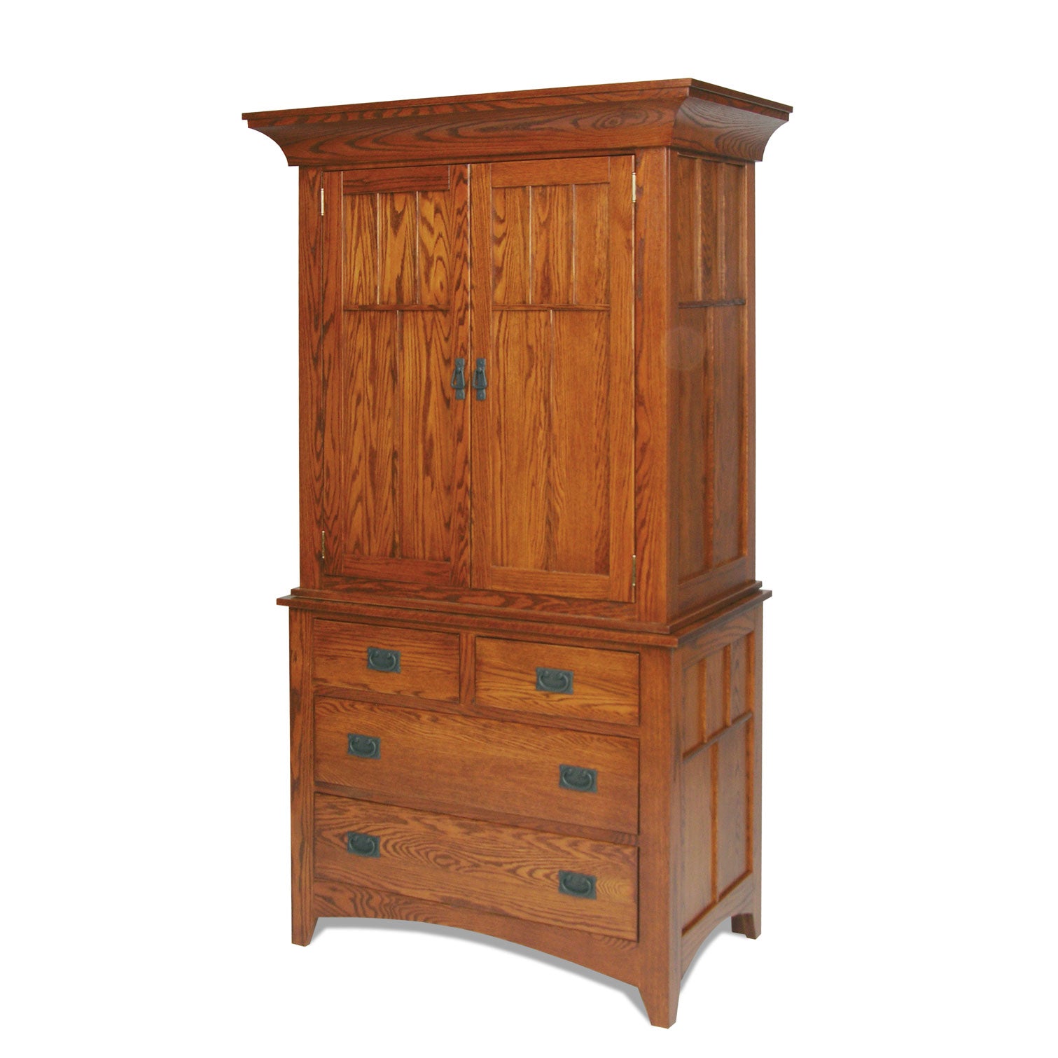 Mission oak armoire with two paneled doors over four drawers, black bail pulls and an arched apron base