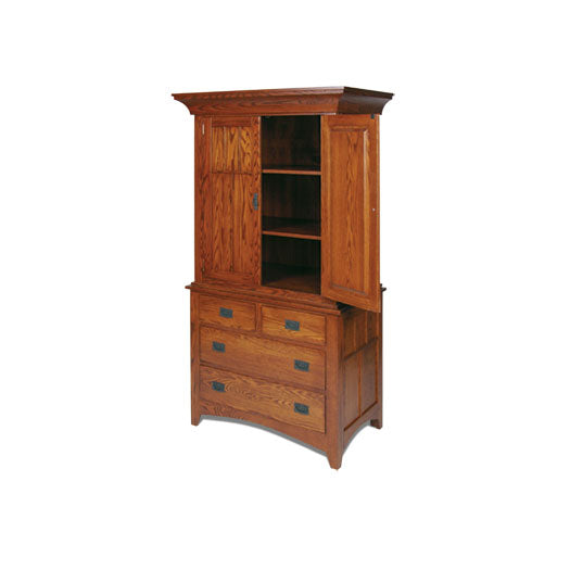 Mission oak armoire with two paneled doors over four drawers, black bail pulls and an arched apron base