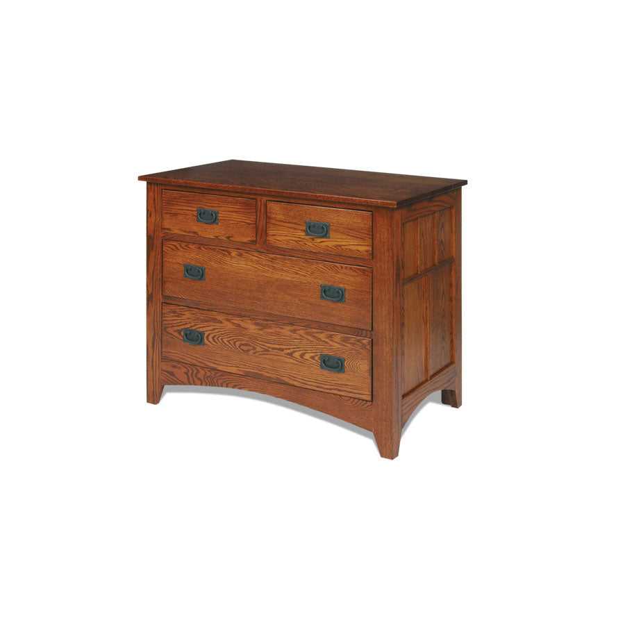 Mission oak single dresser with two small drawers over two wide drawers, dark bail pulls and arched base