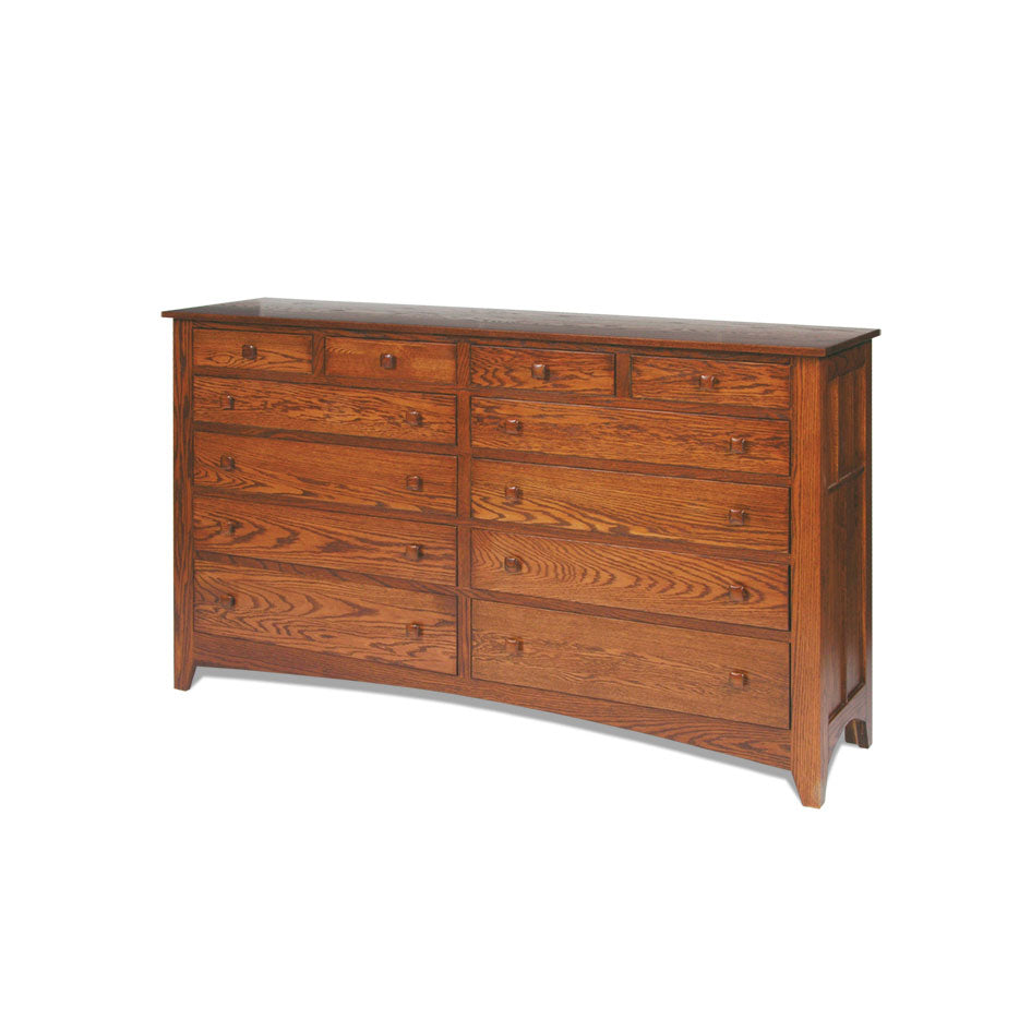 Mission oak triple dresser with ten drawers, dark bail pulls and a slatted mirror hutch on a white background