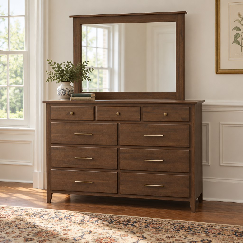 Amish Bel Air 9-Drawer High Mule Chest Dresser shown in the bedroom of a traditional colonial home
