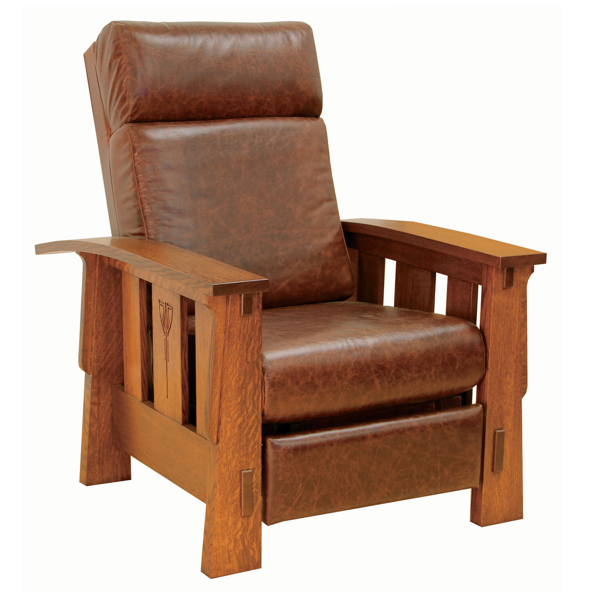 Brown leather recliner chair with wooden frame on a white background