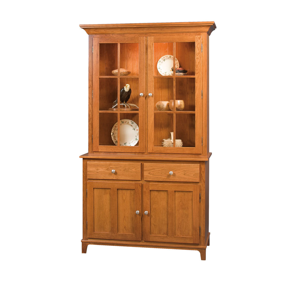 Wooden display cabinet with glass doors on a white background