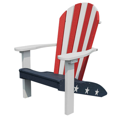 Patriotic Adirondack chair with red and white striped back, white arms and a navy seat with white stars
