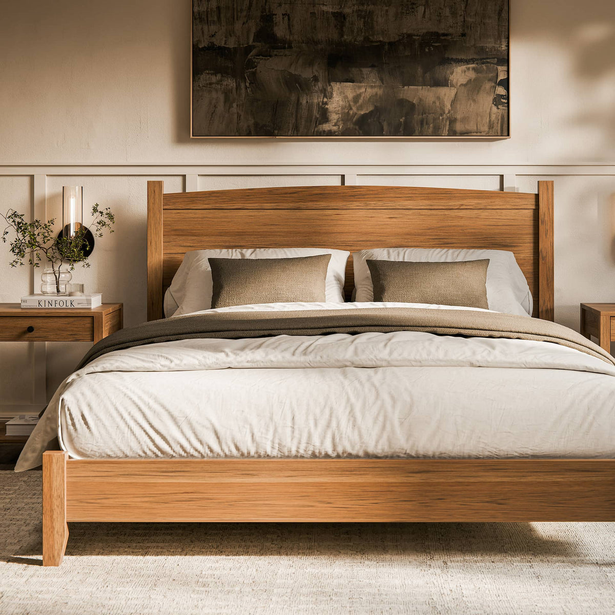 Wooden bed with beige bedding in a bedroom setting