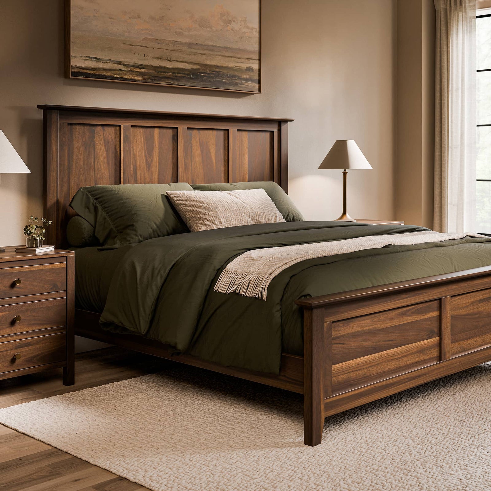 Dark walnut panel bed with a tall raised-panel headboard and matching footboard, styled with olive bedding and a nightstand