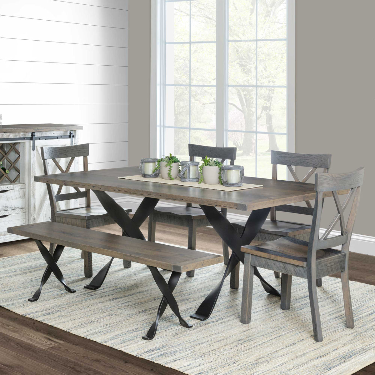 Amish Brandywine Rustic Barnwood Dining Trestle Table Set