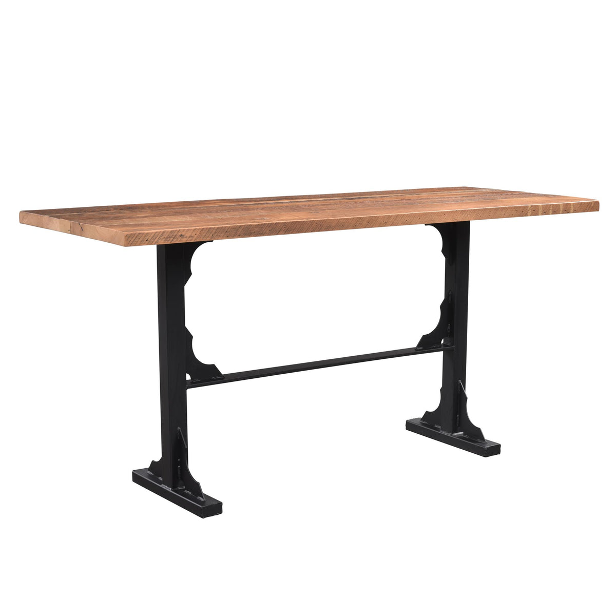 A rustic industrial console table featuring a warm medium-brown wood plank top and a black cast iron trestle base, shown against a plain white background.