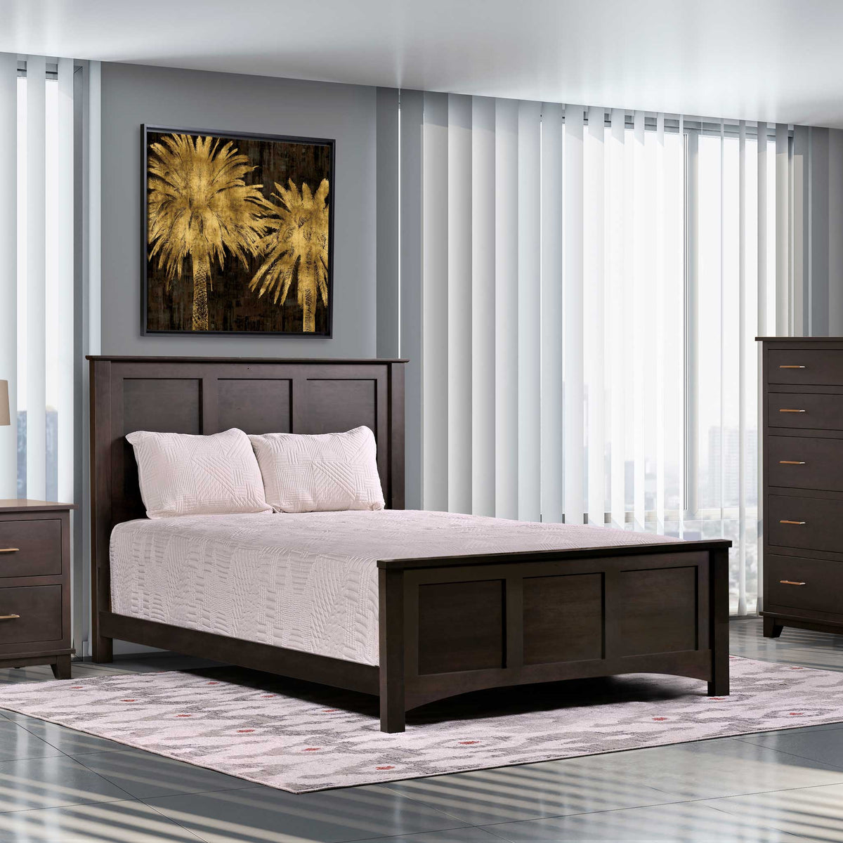 Wooden bed in a bedroom with a painting on the wall and curtains.