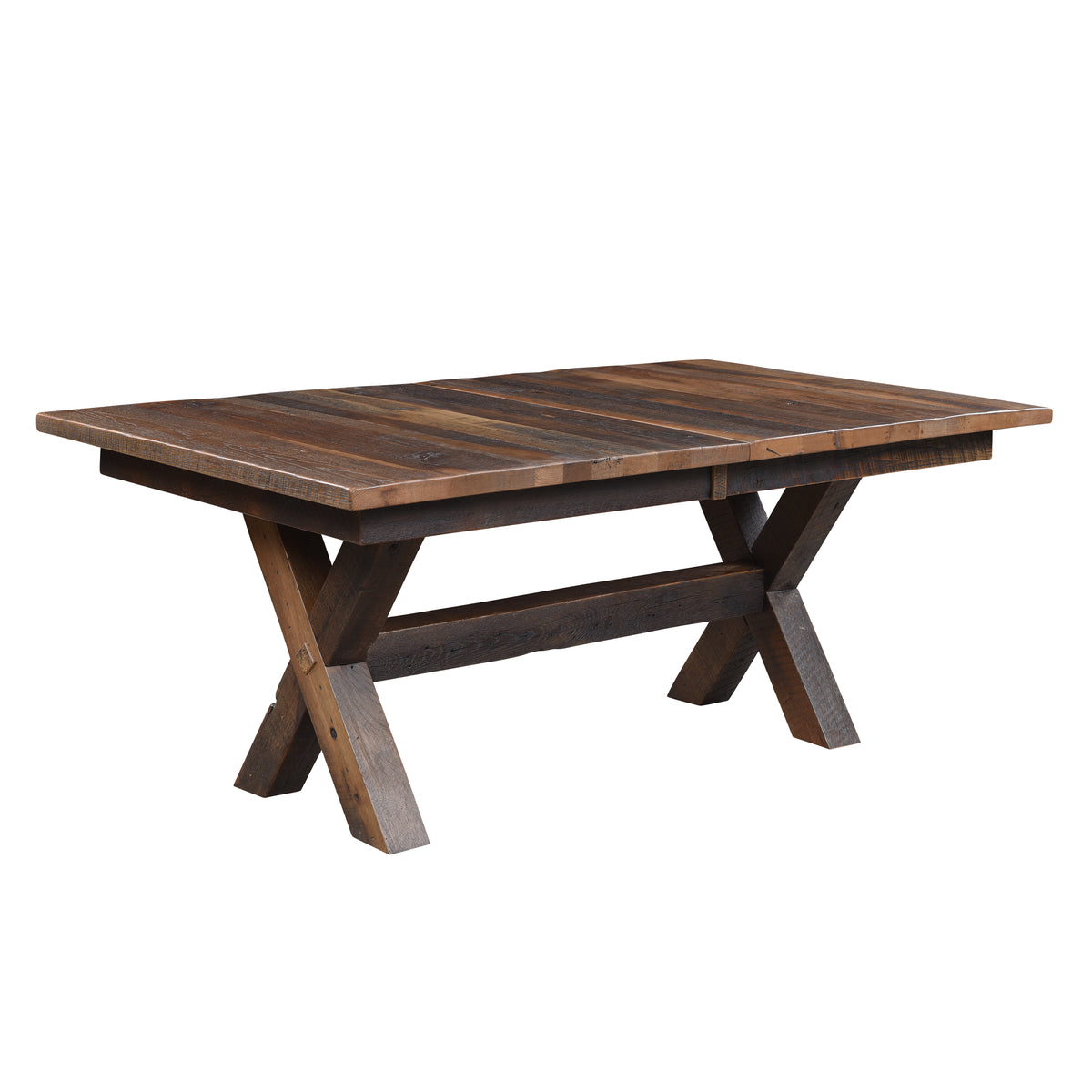 A rustic rectangular wooden dining table with a dark brown plank top and an X-shaped cross base, shown on a plain white background.