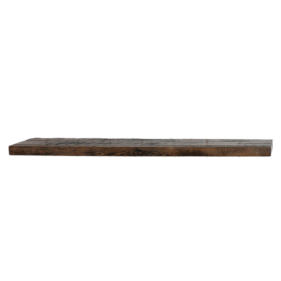 Side view of the reclaimed wood floating shelf plank with rough sawn edges and a dark walnut tone