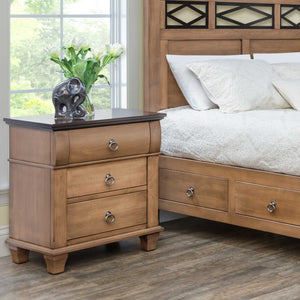 Three drawer nightstand in light almond with a curved top drawer, dark walnut top and antique pewter ring pulls