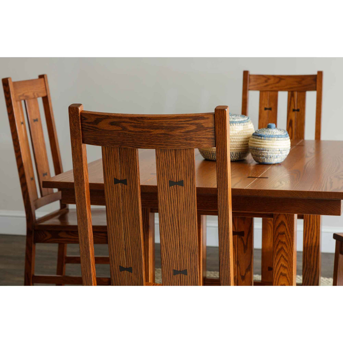 Amish Dixon Mission Trestle Dining Table with Bow Tie Inlays