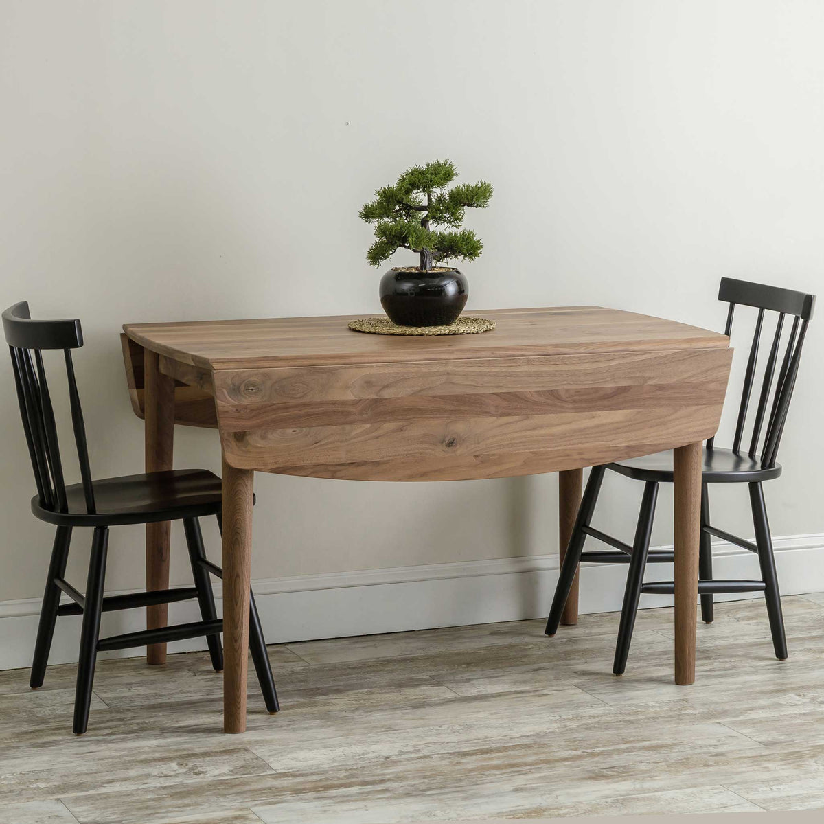 Amish 48" Rustic Walnut Portage Drop Leaf Table and 2 Portage Black Side Chairs