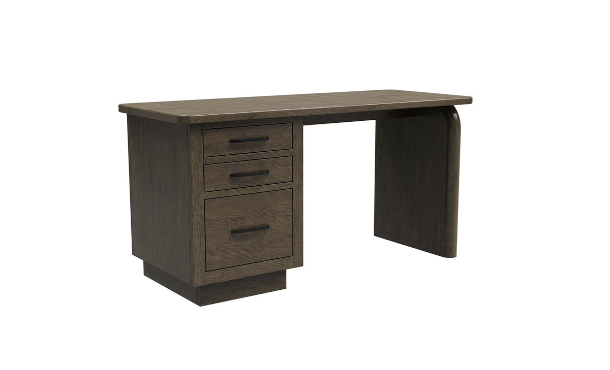 A three-drawer office desk with a dark brown wood grain finish and black metal drawer pulls, shown from a three-quarter angle on a white background.