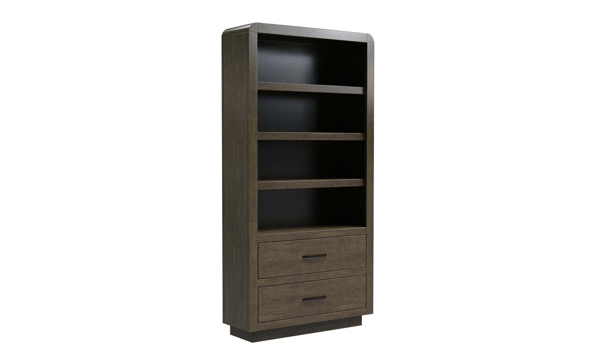 A tall, narrow bookcase with a dark brown wood grain finish, featuring four open shelves and two drawers at the bottom, shown on a plain white background.