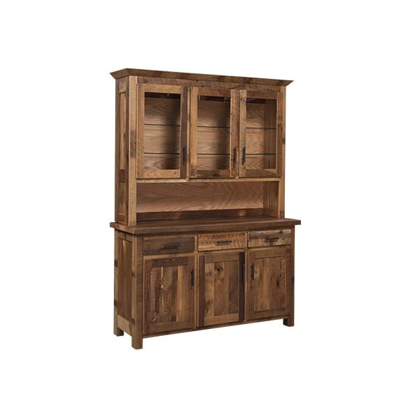 A rustic wooden hutch and buffet cabinet with a matching top shelf, featuring three upper glass-front doors, an open center shelf, two lower drawers, and three lower cabinet doors, shown on a plain white background.