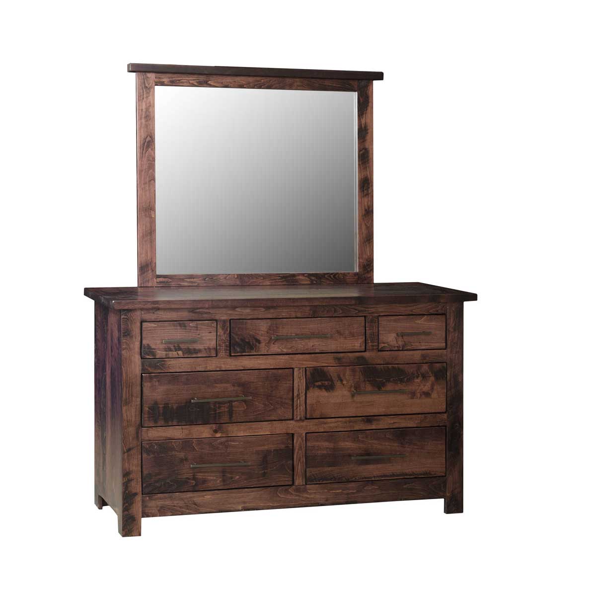 Seven-drawer rustic dresser with a matching landscape mirror, plank top and slim metal bar pulls on a white background