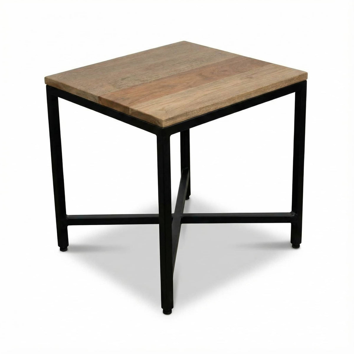 A square side table with a light brown wood grain top and a black metal frame base, shown on a white background.
