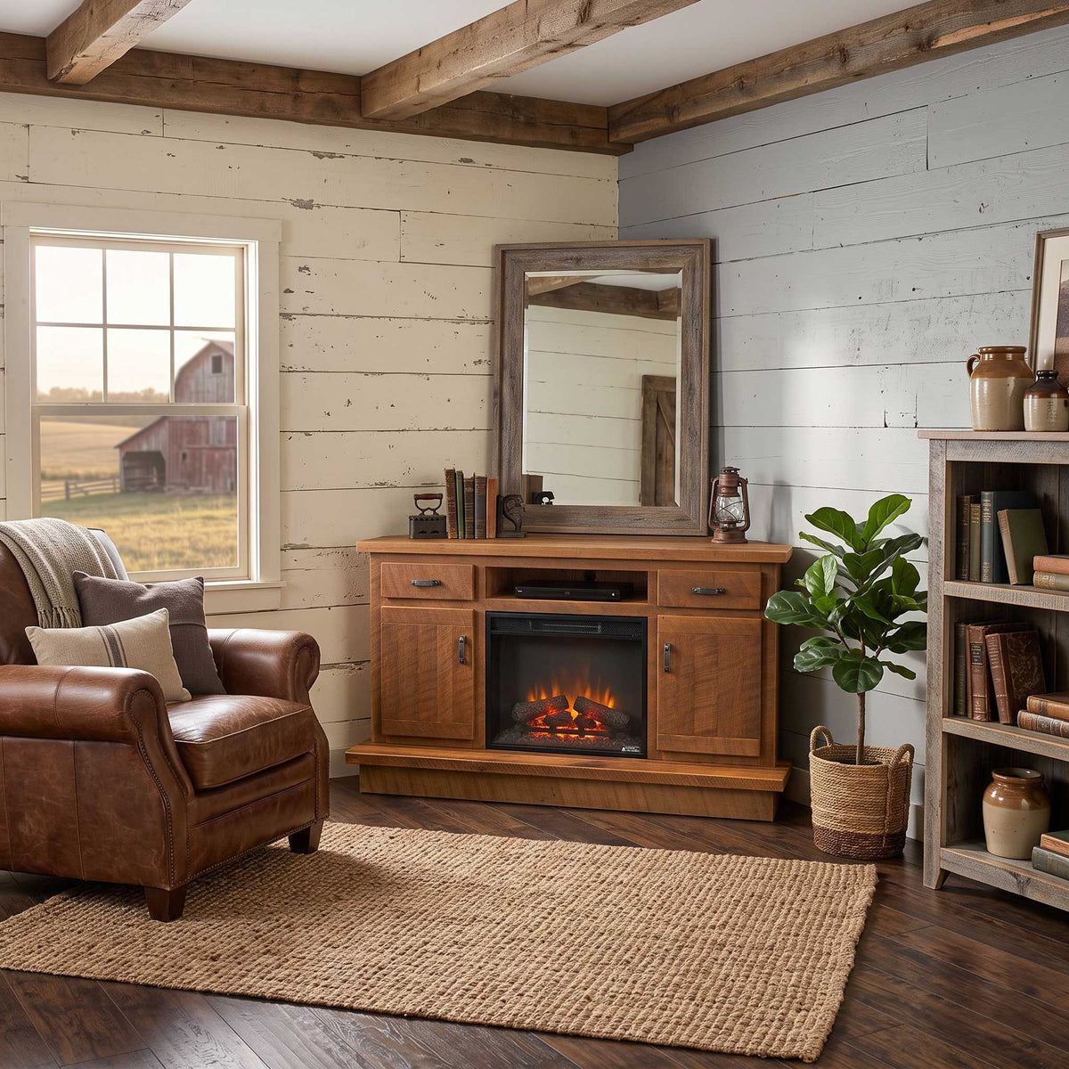 Rustic corner media center with an electric fireplace, two cabinet doors and drawers in a shiplap farmhouse room with leather chair