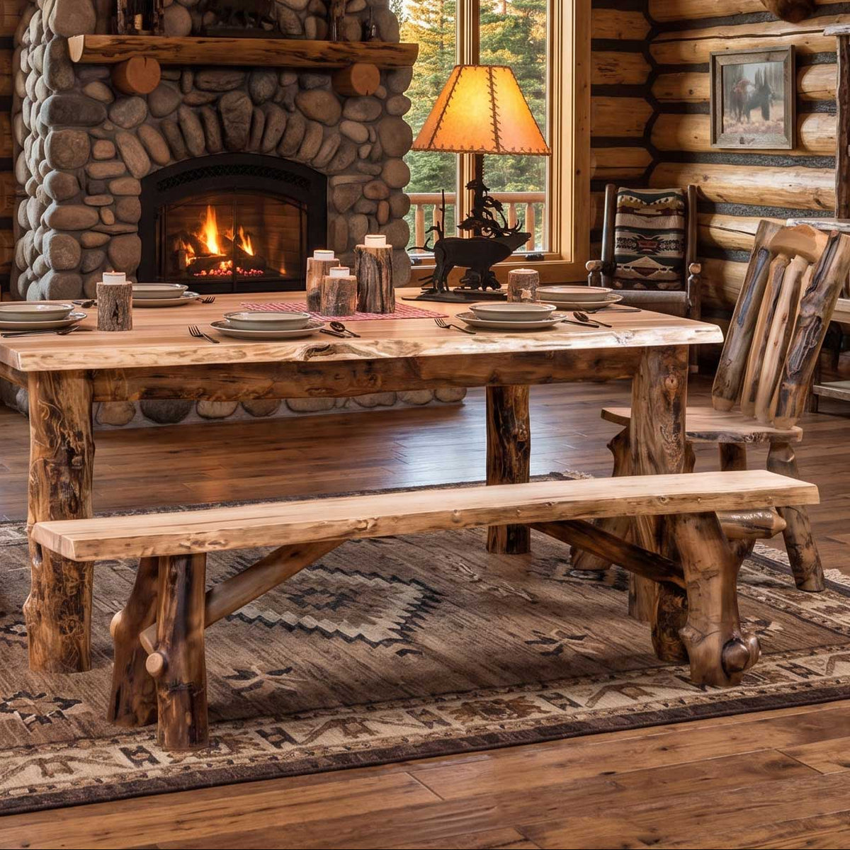 A rustic log dining room set featuring a heavy wood dining table, matching bench, and three log chairs, arranged on a patterned rug in front of a stone fireplace.