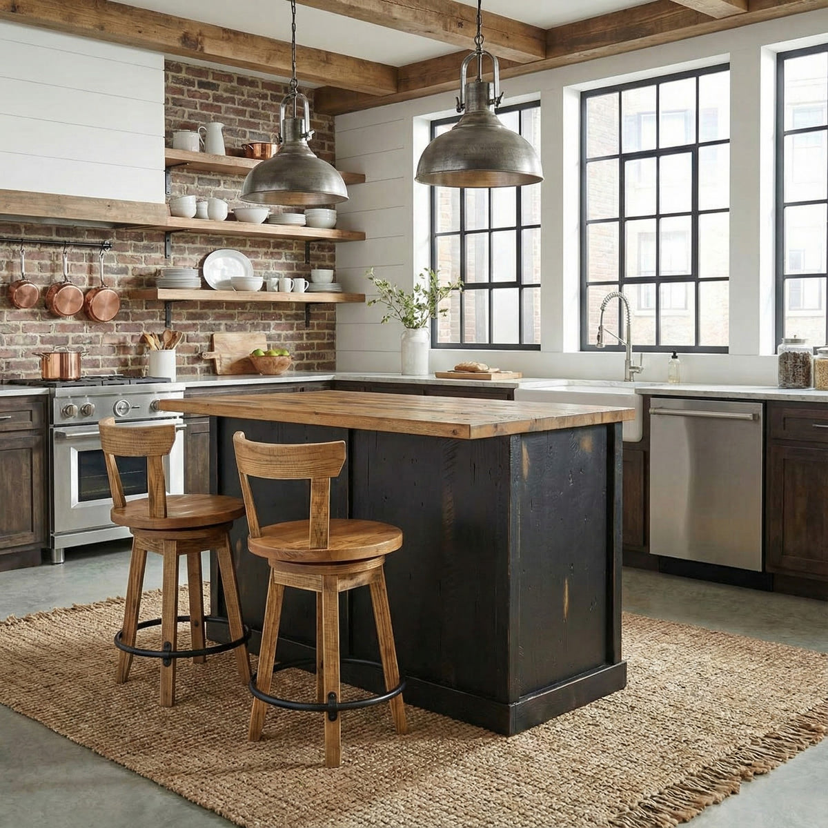 Amish 3 Door Rustic Trash Can Pullout Kitchen Island & Stool Set for 2