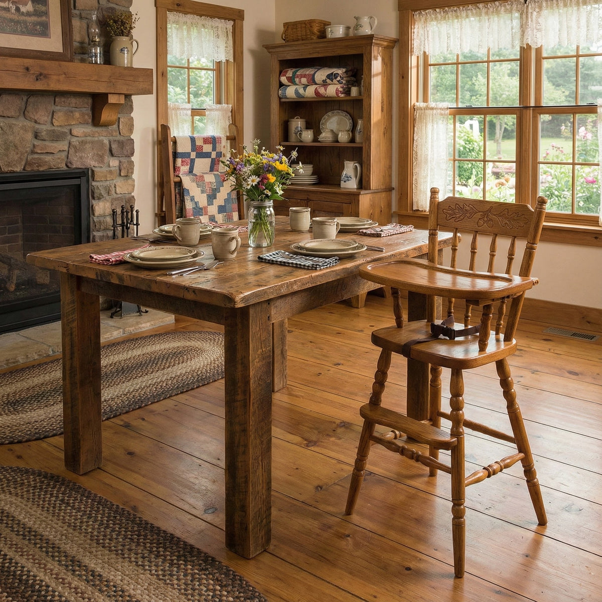 Wooden dining table set with chairs in a cozy room with stone fireplace and large windows.