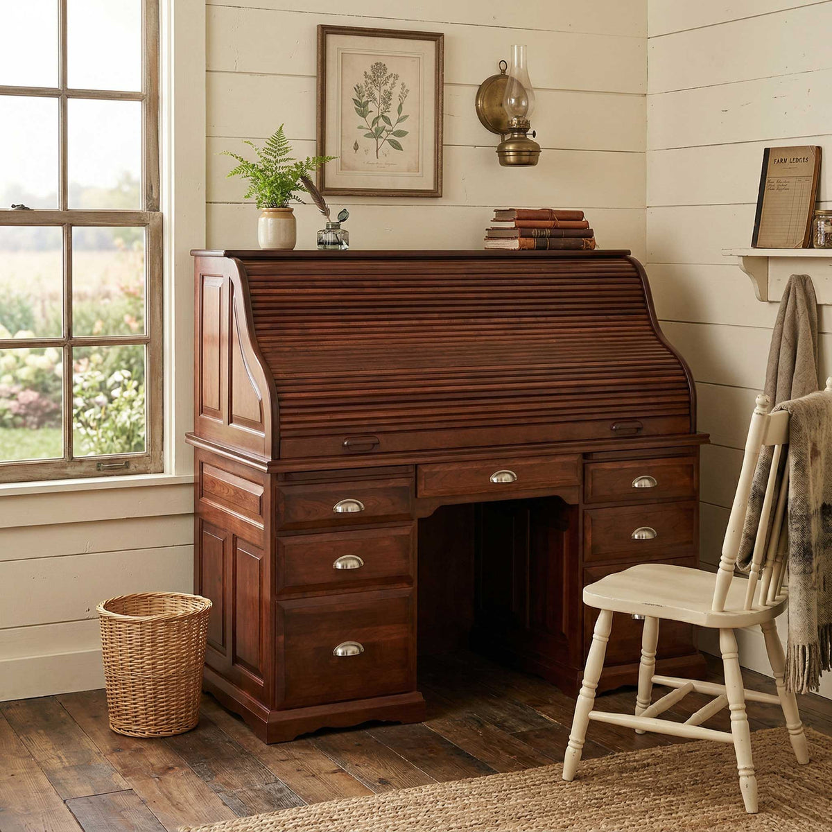 Amish Heritage Raised Panel 60" Wood Roll Top Computer Desk