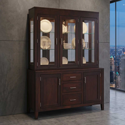 Dark espresso mirror back china cabinet with three lighted glass doors, glass shelves and a three drawer buffet base