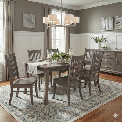 Gray stained rectangular dining table with six slat back chairs, matching sideboard and a chandelier above