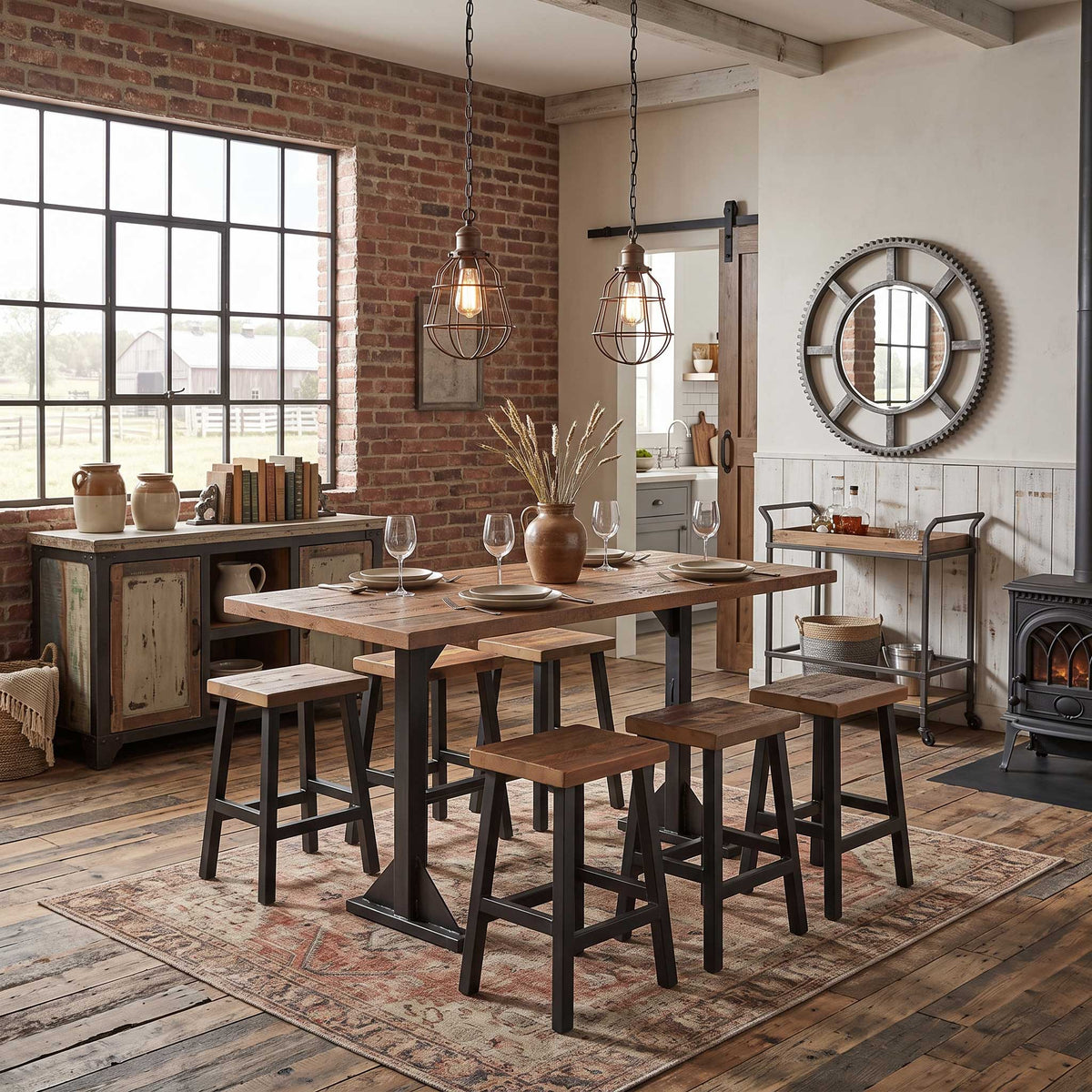 Counter height table with weathered plank top and black metal base staged with stools under caged pendant lights