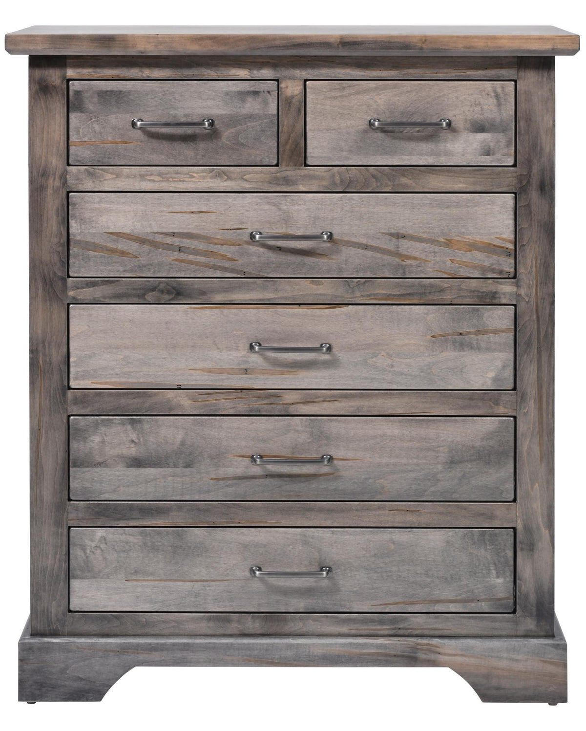 Wooden dresser with five drawers on a white background