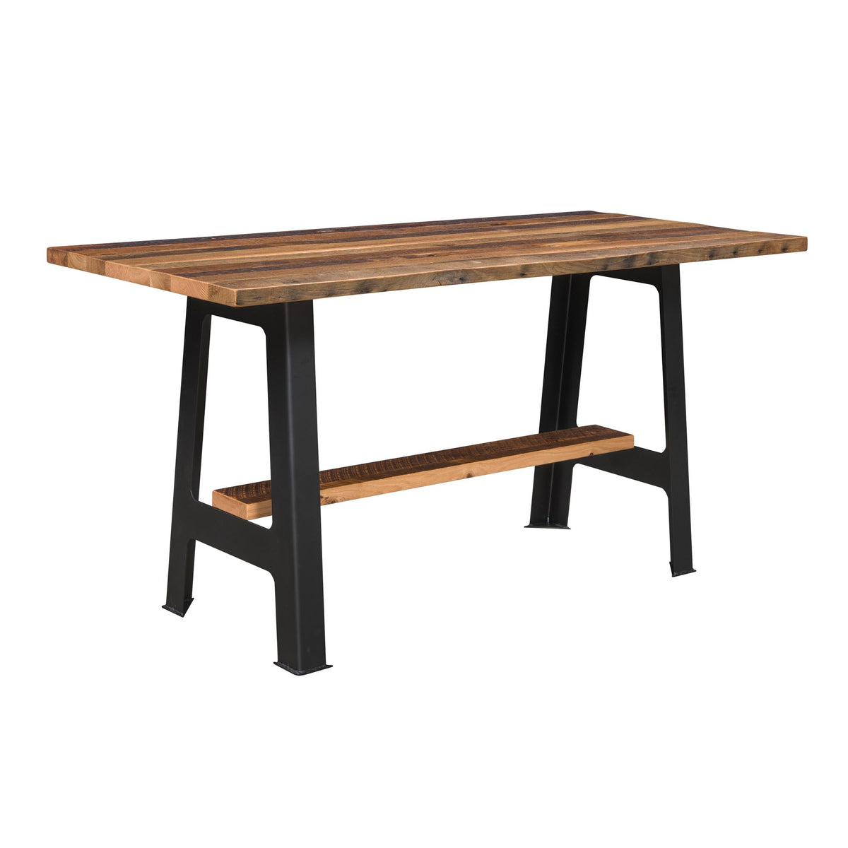 A rustic rectangular table with a medium brown wood plank top, black metal A-frame legs, and a matching wood shelf, shown on a plain white background.