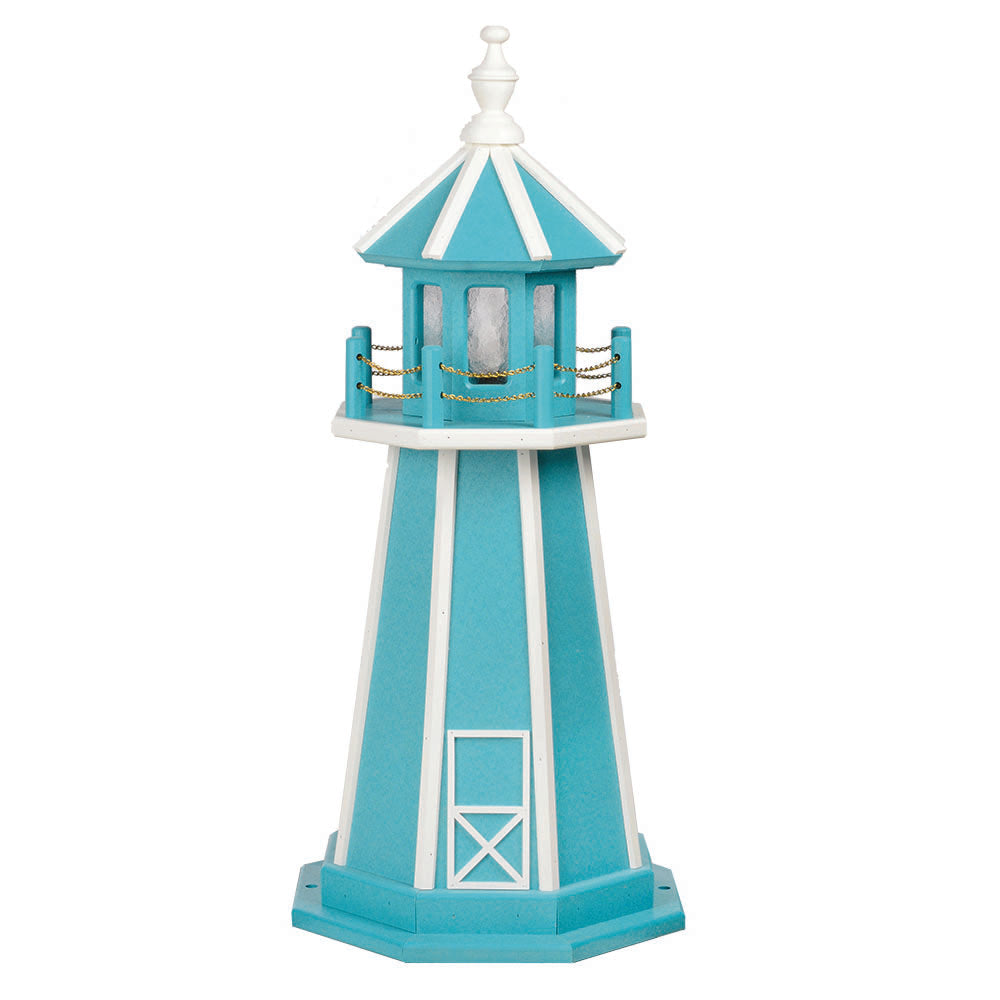 Turquoise wooden lighthouse with white corner stripes, white door panel, white railing and finial on a white background