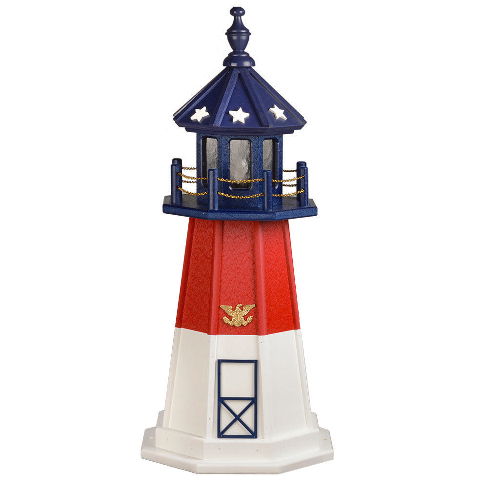 Patriotic three foot lighthouse with white base, red tower, gold eagle emblem and a navy lantern room with white stars