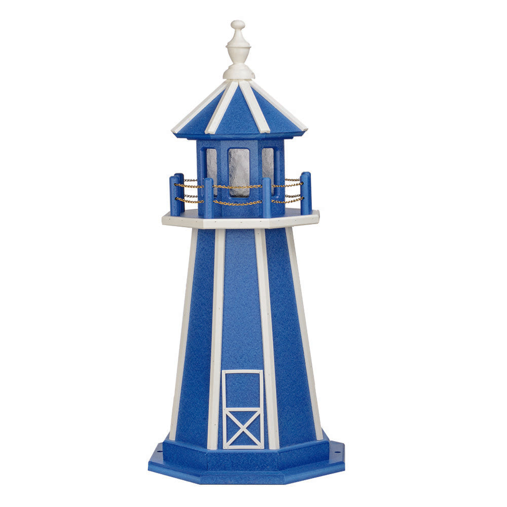 Bright blue lawn lighthouse with white corner stripes, white railing and finial, blue lantern room with gold chain