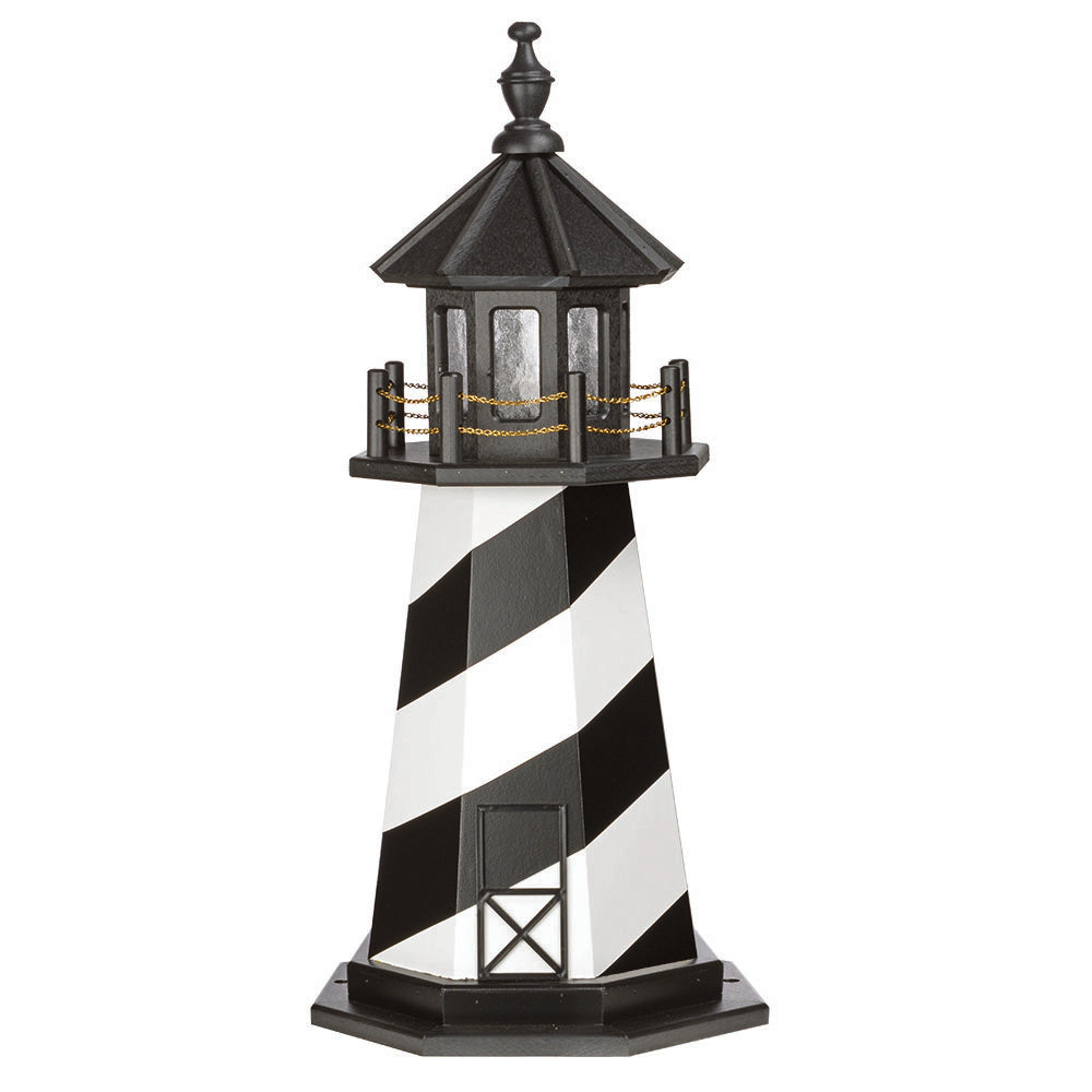 Black and white spiral striped lighthouse with black lantern room, gold chain railing and matching black base
