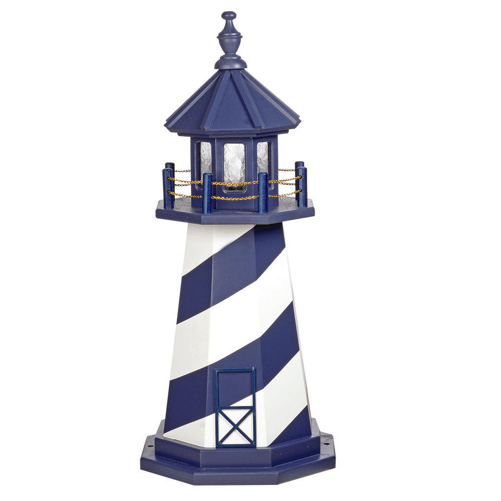 Navy and white spiral striped lighthouse with blue lantern room, chain railing, blue door outline and hexagonal base