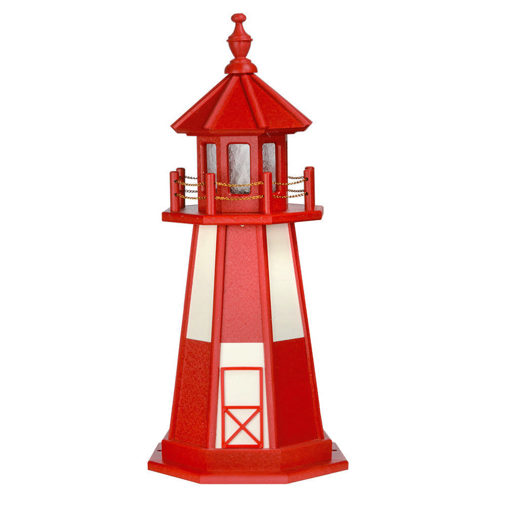 Bright red lawn lighthouse with ivory window panels, red lantern room and railing, gold chain and matching red base