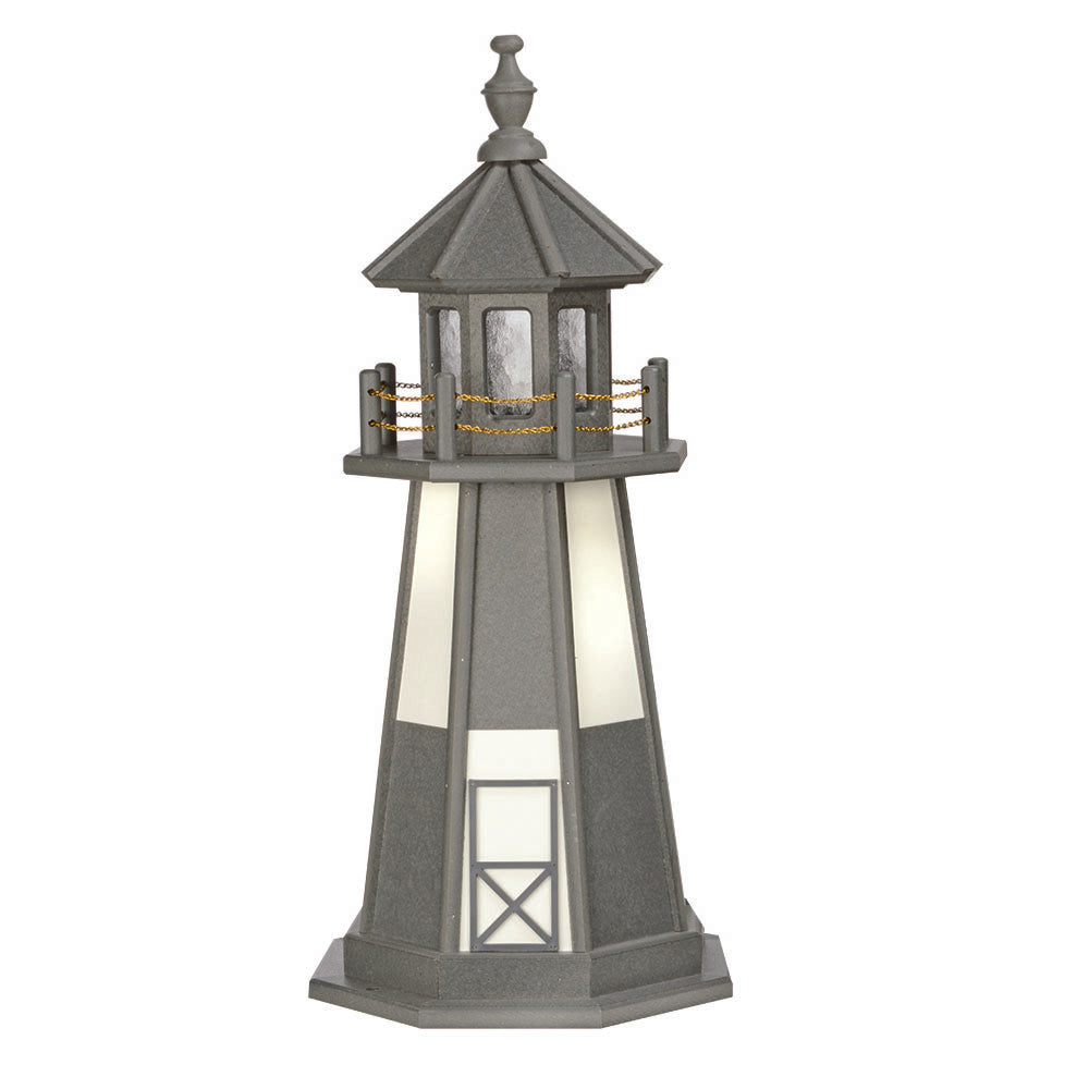 Gray wooden lighthouse with ivory panels and door, gray lantern room, gold chain railing and turned gray finial