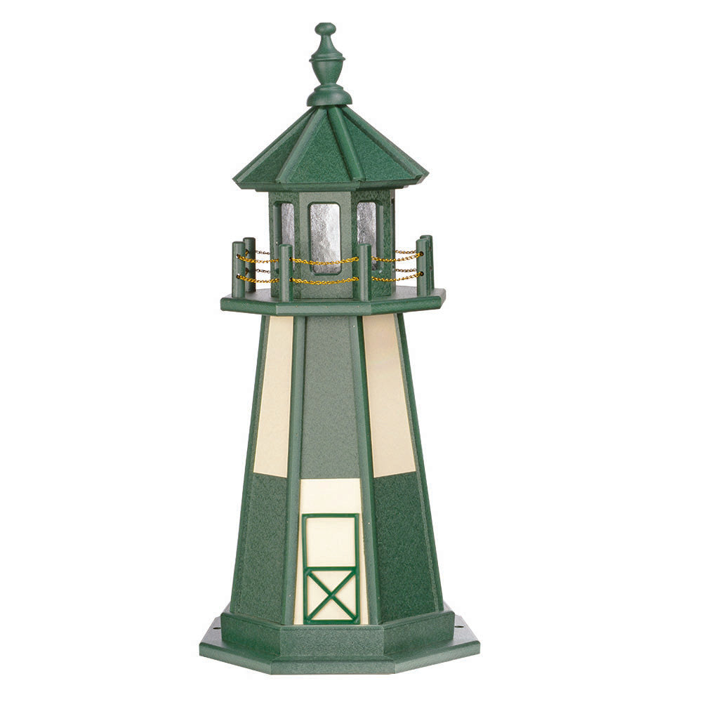 Green wooden lighthouse with ivory panel stripes and door, green lantern room with gold chain railing and finial