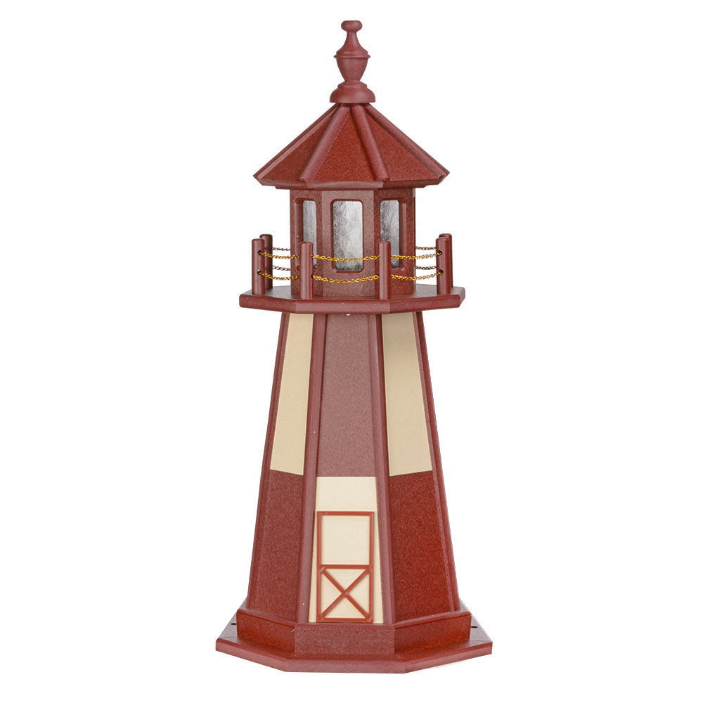 Cherry red wooden lighthouse with tan panel stripes, red lantern room, gold chain railing and octagonal base