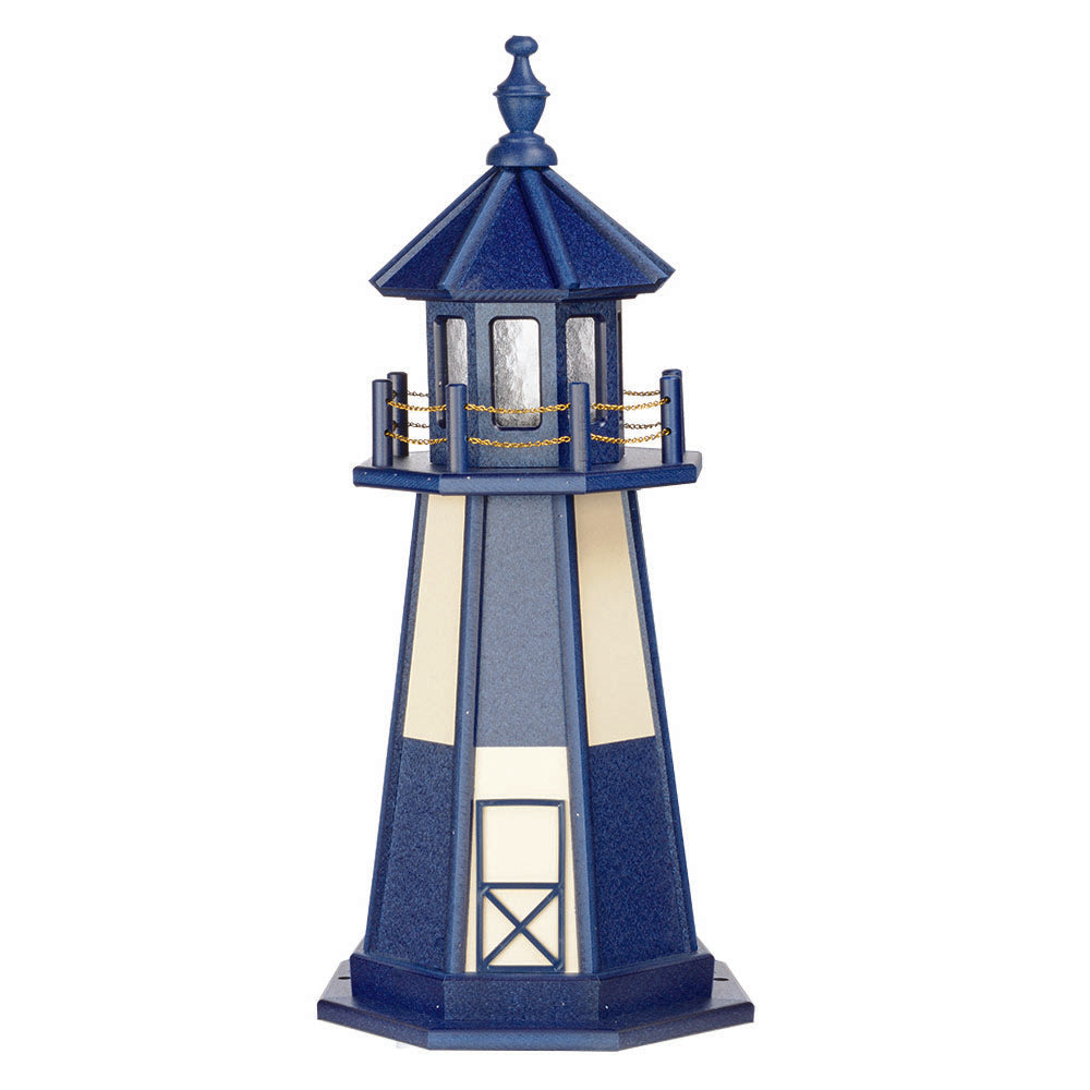 Patriot blue lighthouse with ivory panels and door, blue lantern room, gold chain railing and turned blue finial