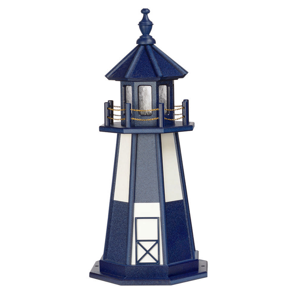 Navy blue lighthouse with white panel stripes and door outline, blue lantern room with gold chain railing and finial