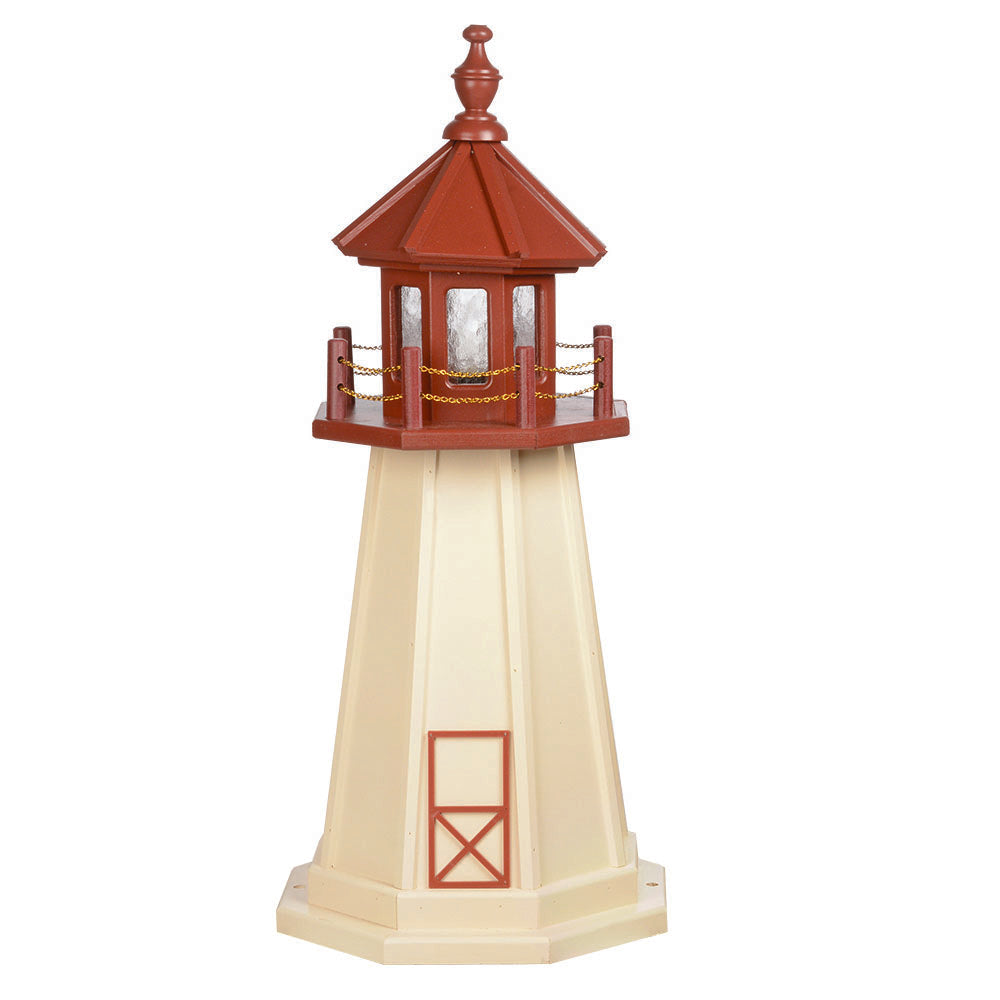 Ivory wooden lighthouse with a cherry red lantern room and railing, red door outline and a wide ivory base