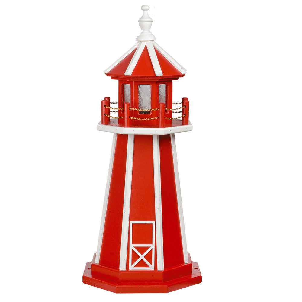 Bright red lighthouse with white corner stripes, white railing and finial, red lantern room and white door frame